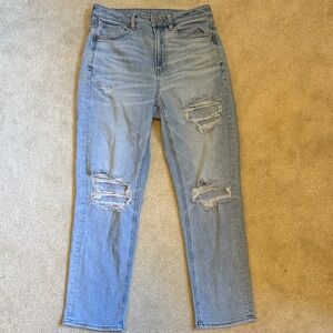 American Eagle Outfitters Blue Straight Leg Jeans with Distressed Details